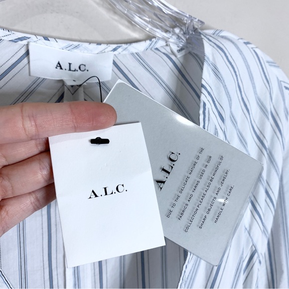 NEW A.L.C. Enzo Puff Sleeve Striped Poplin Wrap Dress (Sz 6) White Salmon - Picture 12 of 15